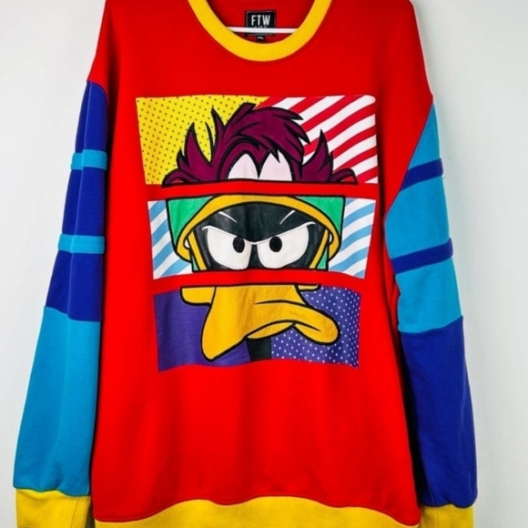 FTW Taz, Marvin the Martian &  Daffy Cartoon Multi Color Long Sleeve Men Sweater - Picture 8 of 8